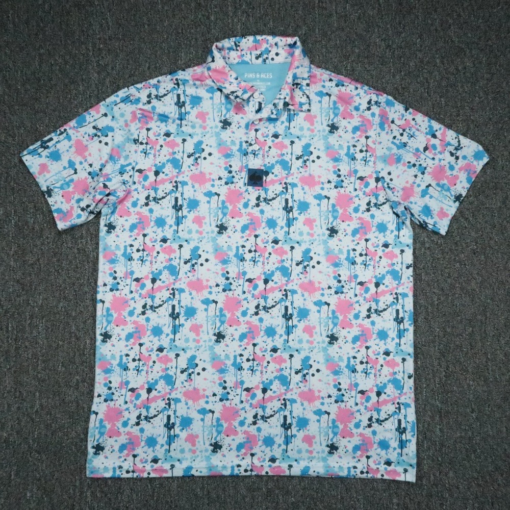 Pins & Aces Shirt Mens XL Blue Paint Splatter Pink Print Polo Short Sleeve